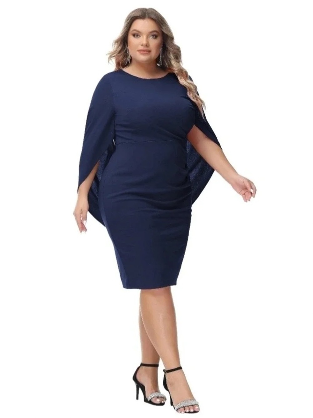 NEW Hanna Nikole Cape Sleeve Dress Plus Size 24W Navy Blue Chiffon Bodycon Midi